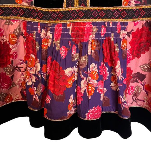 Johnny Was Jade Kimmy Smocked Floral-Print Peasant Top Embroidered Velvet Trim L - Picture 12 of 13